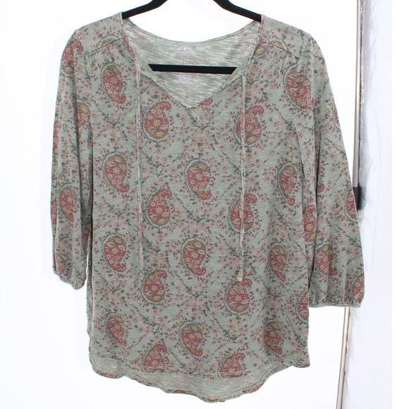 St. John's Bay $34 Small Boho Peasant Green Burgundy Paisley Print 3/4 Sleeve - Picture 1 of 9